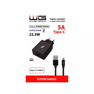 WG - Hálózati töltő 1x USB-A 22, 5W, SuperCharge, 5V-9V-12V,   USB-A-C típusú kábel (5A), fekete színű