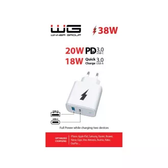 WG - Hálózati töltő 2x USB 38W, 1x USB-C PD 20W   1x USB-A QC 3.0 18W, fehér színben