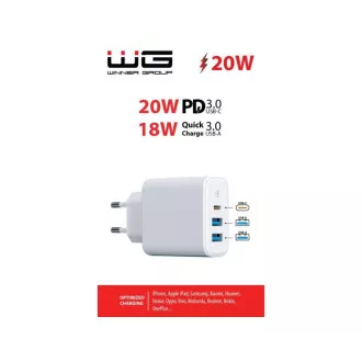 WG - Hálózati töltő 3x USB, 1x USB-A QC 3.0   1x USB-A QC 3.0   1x USB-C PD 3.0, fehér színű