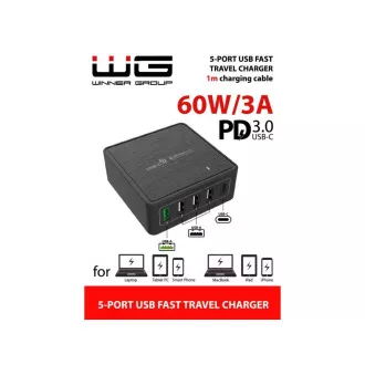 WG - Hálózati töltő 5x USB 60W, 1x USB-A QC 3.0   3x USB-A Smart IC   1x USB-C PD, fekete színű