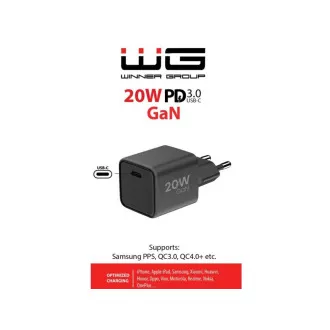 WG - GaN 1x USB-C, PD 20W, 5V-9V-12V, fekete