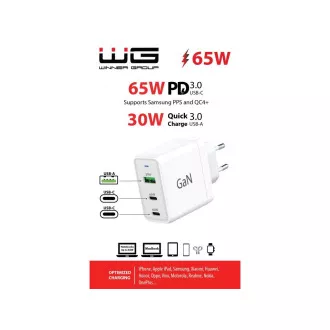 WG - GaN hálózati töltő 3x USB, 1x USB-A 30W   2x USB-C 65W, fehér