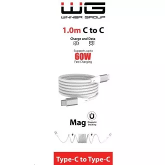 WG - Type-C-C típusú adatkábel, 1 méter, 3A, 60W, mágneses önbehúzó, fehér színű