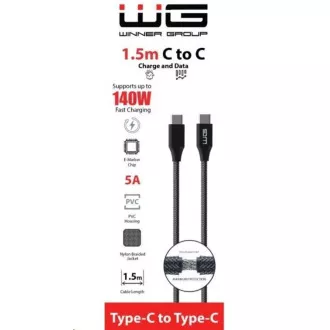 WG - Type-C-C típusú adatkábel, 1, 5 méter, 5A, 140W, fekete