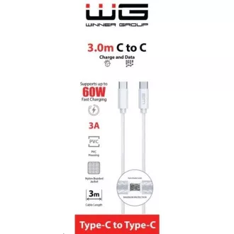 WG - C-típusú C-típusú adatkábel, 3 méter, 3A, 60W, fehér