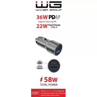 WG - Autótöltő 2x USB 58, 5W, 1x USB-C PD 36W   1x USB-A 22,5W, ezüst színű