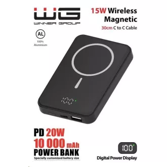 WG - Power Bank 10000 mAh, vezeték nélküli 15W   PD 20W   QC 3.0 22, 5W, fekete