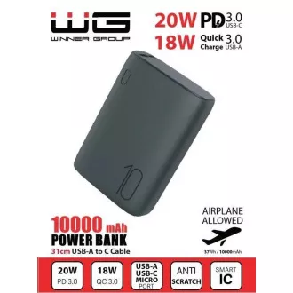 WG - Power Bank 10000 mAh, QC 3.0 és PD kimenet bemenet, ultra kicsi, fekete