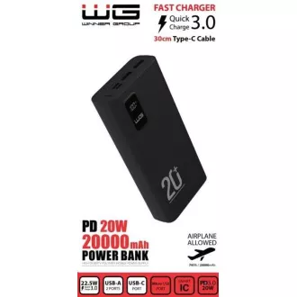 WG - Power Bank 20000 mAh, USB-C PD 20W   USB-A QC 3.0 22.5W, fekete
