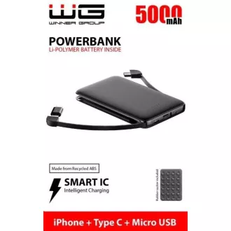 WG - Power Bank 5000 mAh, Micro USB   C-típusú kábel   Lightning adapter, fekete
