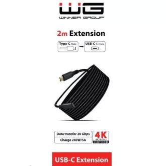 WG - USB-C (férfi) - USB-C (női) hosszabbító kábel, 2 méter, nejlonfonat, fekete