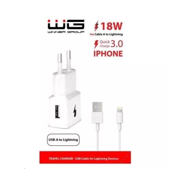 WG - Hálózati töltő 1x USB-A, Gyorstöltés 3.0, 5V-9V-12V, USB-A Lightning kábel, fehér színű