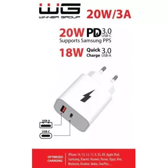 WG - Hálózati töltő 2x USB, 1x USB-C PD 20W 1x USB-A QC 3.0 18W, fehér színben WG - Hálózati töltő 2x USB, 1x USB-C PD 20W 1x USB-A QC 3.0 18W, fehér színben
