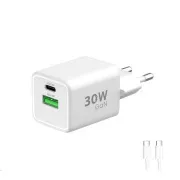 WG - GaN hálózati töltő 2x USB 30W, 1x USB-C PD3.0 PPS QC4 30W   USB-A 18W, C-típusú C-típusú kábel, fehér színben