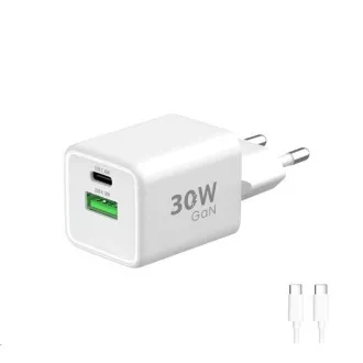 WG - GaN hálózati töltő 2x USB 30W, 1x USB-C PD3.0 PPS QC4 30W   USB-A 18W, C-típusú C-típusú kábel, fehér színben