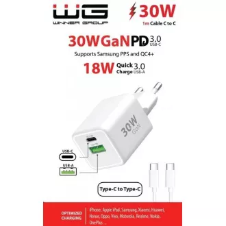 WG - GaN hálózati töltő 2x USB 30W, 1x USB-C PD3.0 PPS QC4 30W   USB-A 18W, C-típusú C-típusú kábel, fehér színben