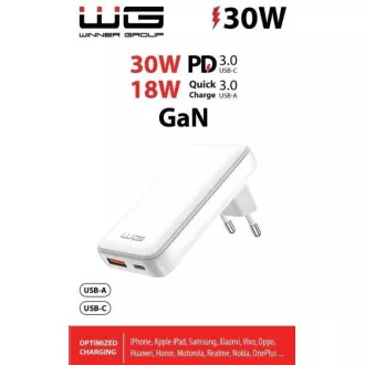 WG - GaN hálózati töltő 2x USB, 1x USB-C 30W   1x USB-A 18W, fehér