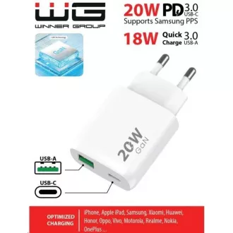 WG - Hálózati töltő 2x USB, 1x USB-C PD 20W   1x USB-A QC3.0 18W, fehér színben