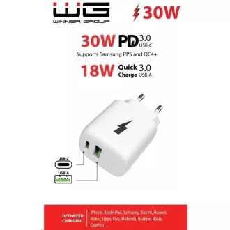 WG - Hálózati töltő 2x USB, 1x USB-C PD PPS 3.0 30W   1x USB-A QC4 18W, fehér színben