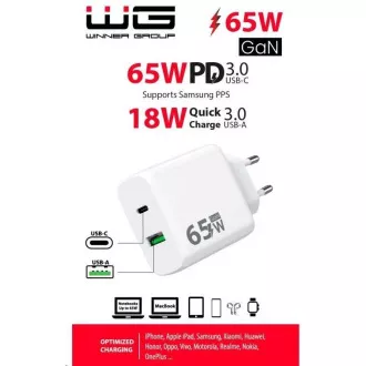 WG - GaN hálózati töltő 2x USB 65W, 1x USB-C PD 65W   1x USB-A QC3.0 18W, fehér