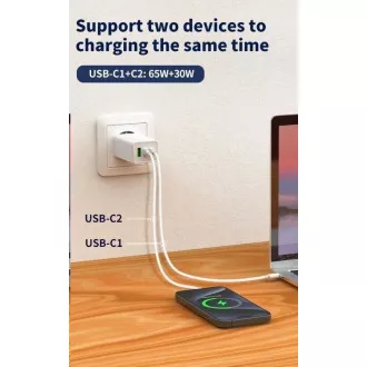 WG - GaN 100W hálózati töltő, 3x USB, 1x USB-A   2x USB-C, fehér