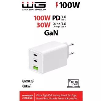 WG - GaN 100W hálózati töltő, 3x USB, 1x USB-A   2x USB-C, fehér