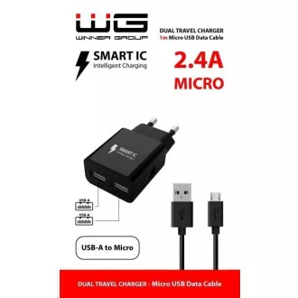 WG - Hálózati töltő 2x USB-A 2, 4A, Smart IC   USB-A-Micro USB kábel, fekete színű