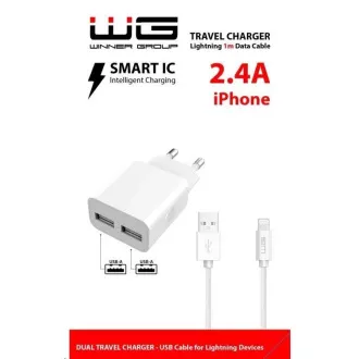 WG - Hálózati töltő 2x USB-A 2, 4A, Smart IC   USB-A Lightning kábel, fehér színű