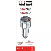WG - Autótöltő, FM adó, USB-A QC 3.0 18W   USB-C PD 30W, ezüst színű