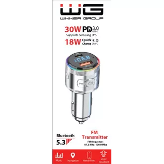 WG - Autótöltő, FM adó, USB-A QC 3.0 18W   USB-C PD 30W, ezüst színű