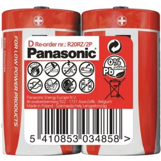 PANASONIC cink-szén akkumulátorok vörös cink R20RZ / 2P D 1,5V (zsugorodás 2db)