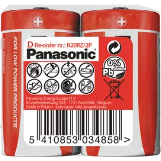 PANASONIC cink-szén akkumulátorok vörös cink R20RZ / 2P D 1,5V (zsugorodás 2db)
