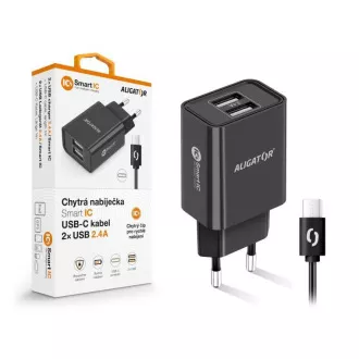 Alligátor hálózati töltő, 2x USB, intelligens IC, 2, 4 A, USB-C 2A kábel, fekete Alligátor hálózati töltő, 2x USB, intelligens IC, 2, 4 A, USB-C 2A kábel, fekete