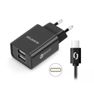 Alligátor hálózati töltő, 2x USB, intelligens IC, 2, 4 A, USB-C 2A kábel, fekete Alligátor hálózati töltő, 2x USB, intelligens IC, 2, 4 A, USB-C 2A kábel, fekete