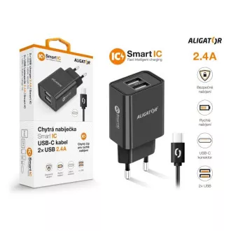 Alligátor hálózati töltő, 2x USB, intelligens IC, 2, 4 A, USB-C 2A kábel, fekete Alligátor hálózati töltő, 2x USB, intelligens IC, 2, 4 A, USB-C 2A kábel, fekete