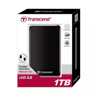 TRANSCEND Külső merevlemez USB 3.1 StoreJet 25A3, 1TB, fekete (ütésálló, 256 bites AES)