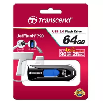 TRANSCEND Flash Disk 64 GB JetFlash®790, USB 3.1 (R: 90 / W: 30 MB / s) fekete / kék