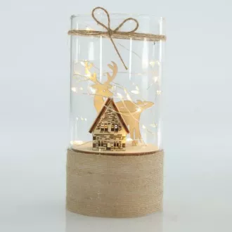 Eurolamp Üveg dekoráció házikóval és rénszarvassal, 9 x 18 cm