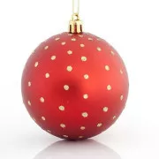 Eurolamp karácsonyi dekoráció piros műanyag gömbök arany pöttyökkel, 8 cm, 6 darabos készlet