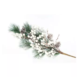 Eurolamp karácsonyi dekorációs ág fehér bogyókkal és fenyőtobozokkal, 79 cm, 1 db