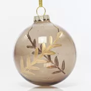 Eurolamp karácsonyi dekoráció üveg barna átlátszó gömb rózsaarany levelekkel, 8 cm, 4 db-os készlet