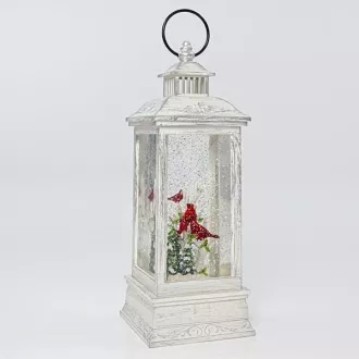 Eurolamp karácsonyi dekoráció fehér műanyag lámpa piros madárral a belsejében, 10,4 x 10,4 x 27,5 cm