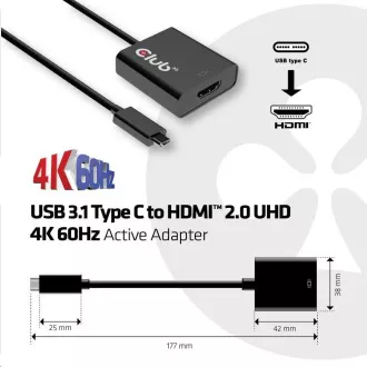 Club3D Aktív USB 3.1 Type-C HDMI 2.0 UHD 4K60Hz HDR adapter, 17cm