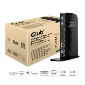 Club3D dokkolóállomás USB-A vagy USB-C, 10in1 2xDP, 6xUSB, 1xRJ45, 1x3.5mm, fekete, fekete