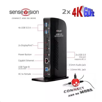Club3D dokkolóállomás USB-A vagy USB-C, 10in1 2xDP, 6xUSB, 1xRJ45, 1x3.5mm, fekete, fekete