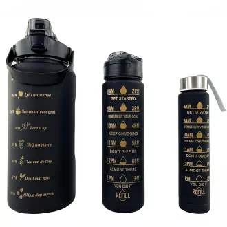 Motivációs sportpalack 3in1, 2000 ml   900 ml   300 ml, Fekete