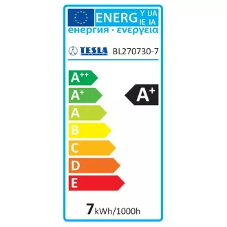 TESLA - LED BL270927-5D, izzó BULB E27, 9W, 230V, 806lm, 30 000h, 2700K meleg fehér, 200°, st
