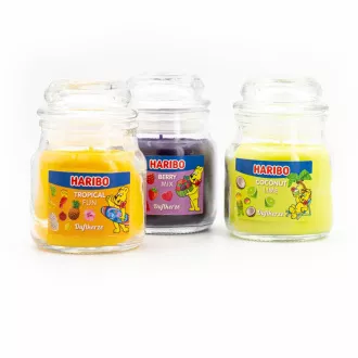 csomagolás - Haribo Berry Mix/Kókuszdió Lime/Trópusi móka gyertya szett 3 x 85 g