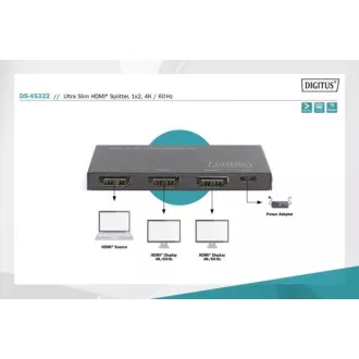 Digitus Ultra Thin HDMI elosztó, 1x2, 4K/60Hz HDR, HDCP 2.2, 18 Gbps, Micro USB tápellátás