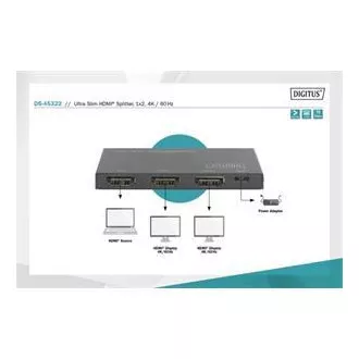 Digitus Ultra Thin HDMI elosztó, 1x2, 4K/60Hz HDR, HDCP 2.2, 18 Gbps, Micro USB tápellátás